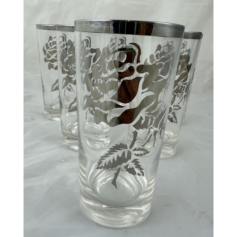 Dorothy Thorpe-Style Silver Band Rose 12 oz Glass 5 5/8" Tumblers Set 6 Vtg 60s